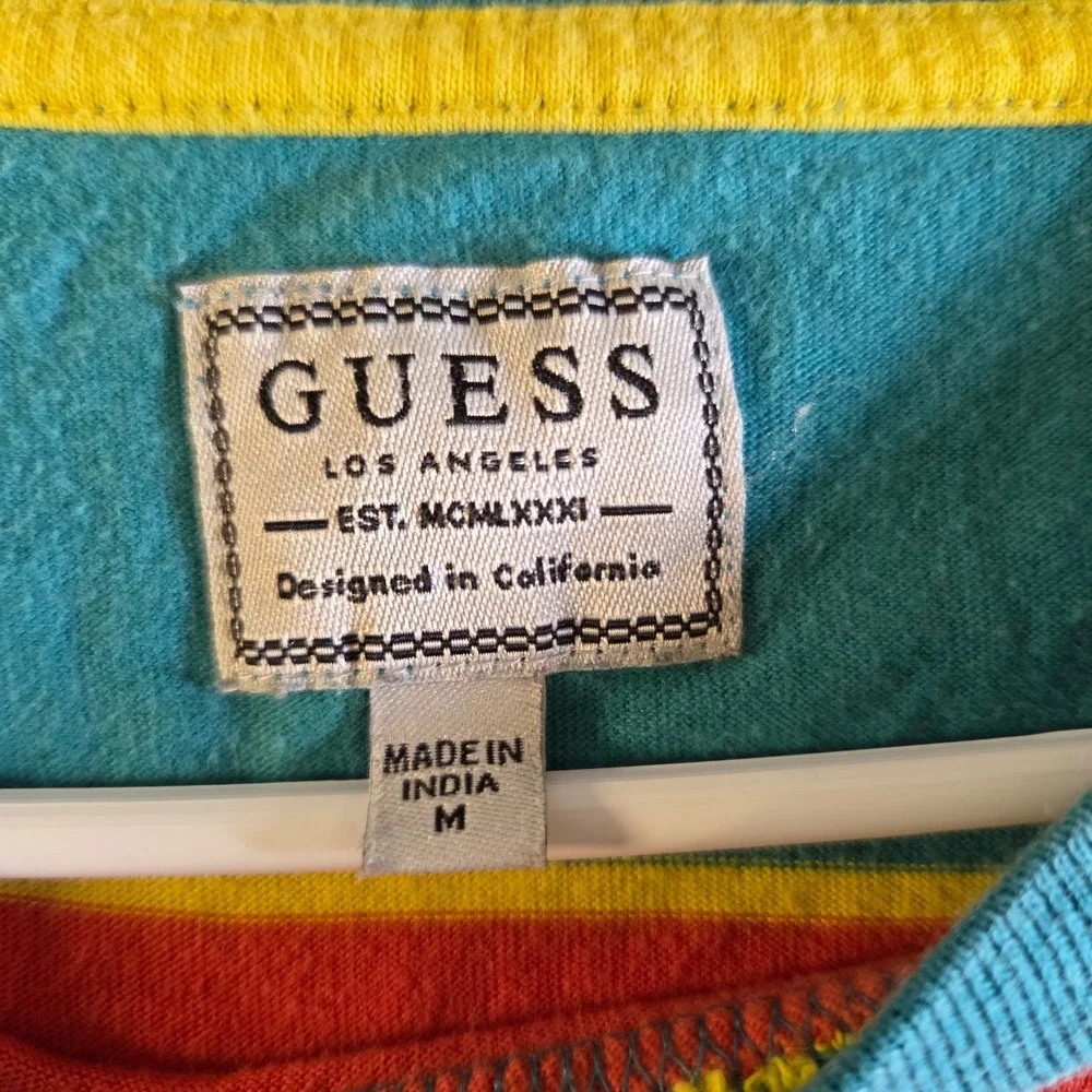 Guess Los Angeles Striped Triangle Logo T-Shirt Mens Medium Teal Orange - Picture 4 of 6